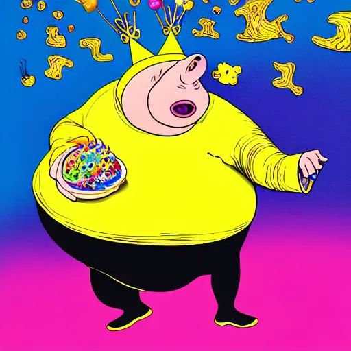 Prompt: trippy comic art of a obese pig wearing a gold crown throwing snack bags into the air, drawn by Martin Rowson, Tim Burton, Studio Ghibli, Alex Pardee, Nekro Petros Afshar, James McDermott, colors by lisa frank, unstirred paint, vivid color, cgsociety 4K