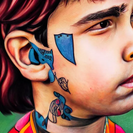 Image similar to a detailed portrait of a spanish boy with a face tattoo, art illustration, incredibly highly detailed and realistic, 8 k, sharp focus