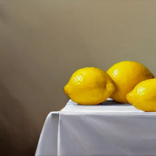 Image similar to lemons dramatic lighting on white tablecloth, oil painting, pale colors, high detail, 8 k, wide angle, trending on artstation,