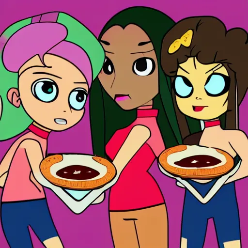 Image similar to powerpuff girls eating pizza as a realistic human, 4 k, highly detailed, art station