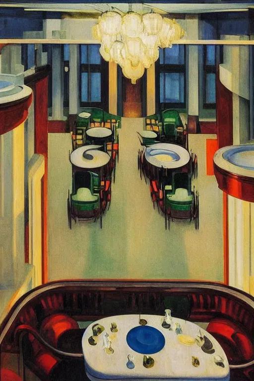 Prompt: 1920s cinematic aerial view of decorated surrealist art deco dining hall by Edward Hopper, the moon casts long exaggerated shadows, crystalline light rays refract dust, impressionst oil painting on wood, big impressionist oil paint strokes, decadent interior dinning room with centered grand crystal chandelier, symmetric 1930s dimly lit art deco interior concept art by Ivan Aivazovsky, ukiyo-e print, japanese woodblock, aerial view