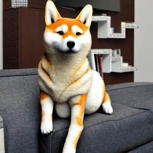 Image similar to doge the shiba - inu as a futuristic robot made of metal and carbon - fiber, in a sunny suburban living - room.