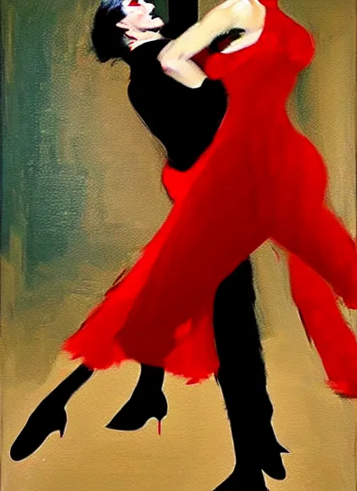 Prompt: tango dancerin in red and black dress, painting by phil hale, fransico goya,'action lines '!!!, graphic style, visible brushstrokes, motion blur, blurry, visible paint texture, crisp hd image