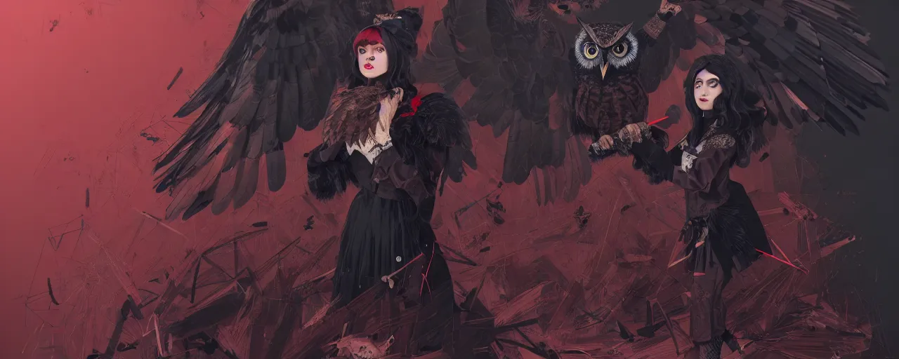 Image similar to duotone marble noir illustration 3 / 4 portrait of philippa eilhart sorceress with owl feathers from witcher 3 dark hair in crimson and black stripes clothes. owls in the background. by sachin teng and sergey kolesov and ruan jia and heng z. graffiti art, scifi, fantasy, hyper detailed. octane render. concept art. trending on artstation