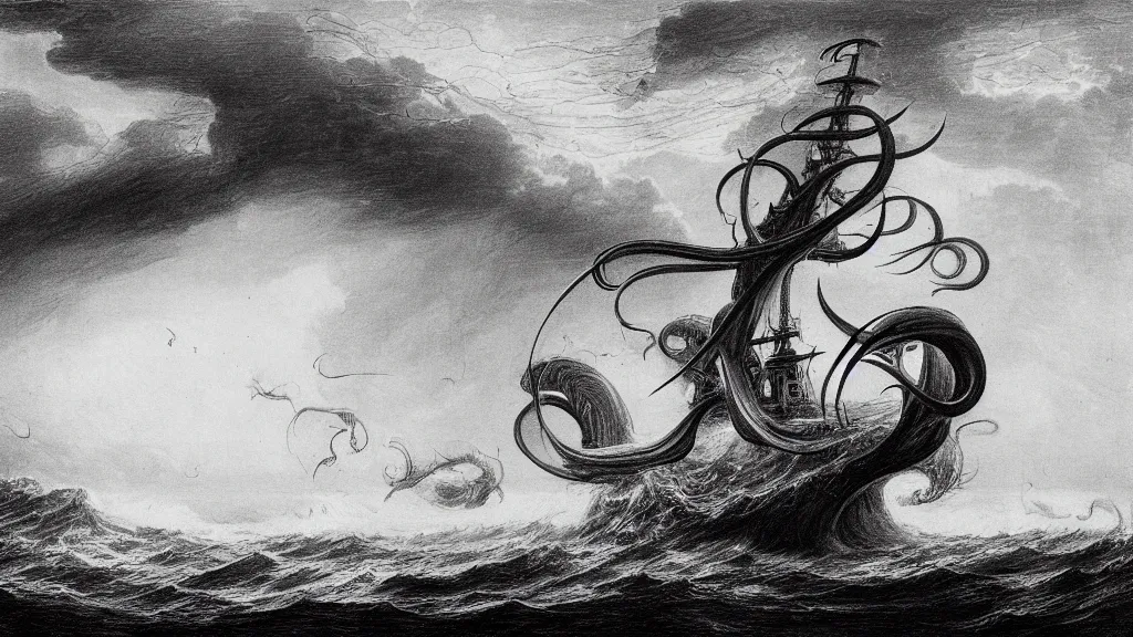 Image similar to drawing of one giant squid attacking a submarine beneath a stormy ocean, by gustave dore, nineteenth century, black and white, vintage, science fiction, epic composition, dramatic lighting, highly detailed, cinematic