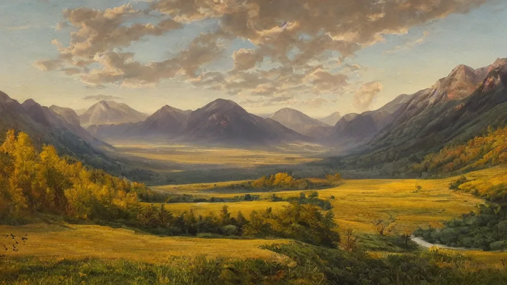 Image similar to The most beautiful panoramic landscape, oil painting, where the mountains are towering over the valley below their peaks shrouded in mist. An enormous flock of birds is coming, The sun is just peeking over the horizon producing an awesome flare and the sky is ablaze with warm colors and stratus clouds. The river is winding its way through the valley and the trees are starting to turn yellow and red, by Greg Rutkowski, aerial view