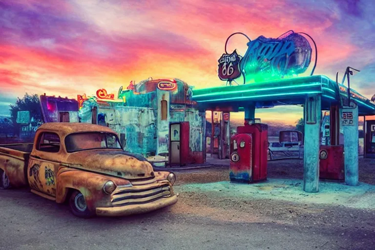 Image similar to a sunset light landscape with historical route 6 6, lots of sparkling details and sun ray ’ s, blinding backlight, smoke, volumetric lighting, colorful, octane, 3 5 mm, abandoned gas station, old rusty pickup - truck, beautiful epic colored reflections, very colorful heavenly, softlight