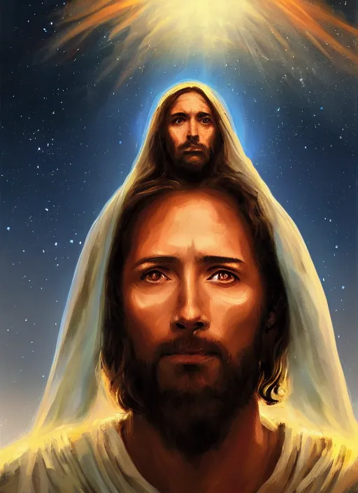Prompt: detailed portrait of Jesus wearing a cloak over his head, eyes on fire with celestial flames, a halo of shimmering color around him, future earth in the background, by Jason Jenicke and Jeremy Mann, intricate, beautiful, stylized, detailed, realistic, loose brush strokes, dramatic, enduring, captivating, Artstation