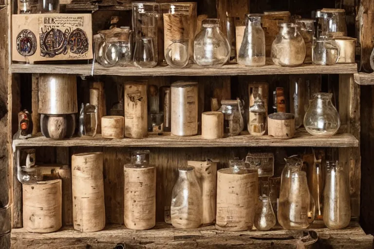 Prompt: inside alchemist's workshop, beakers, wooden sleeves, by tuco amalfi
