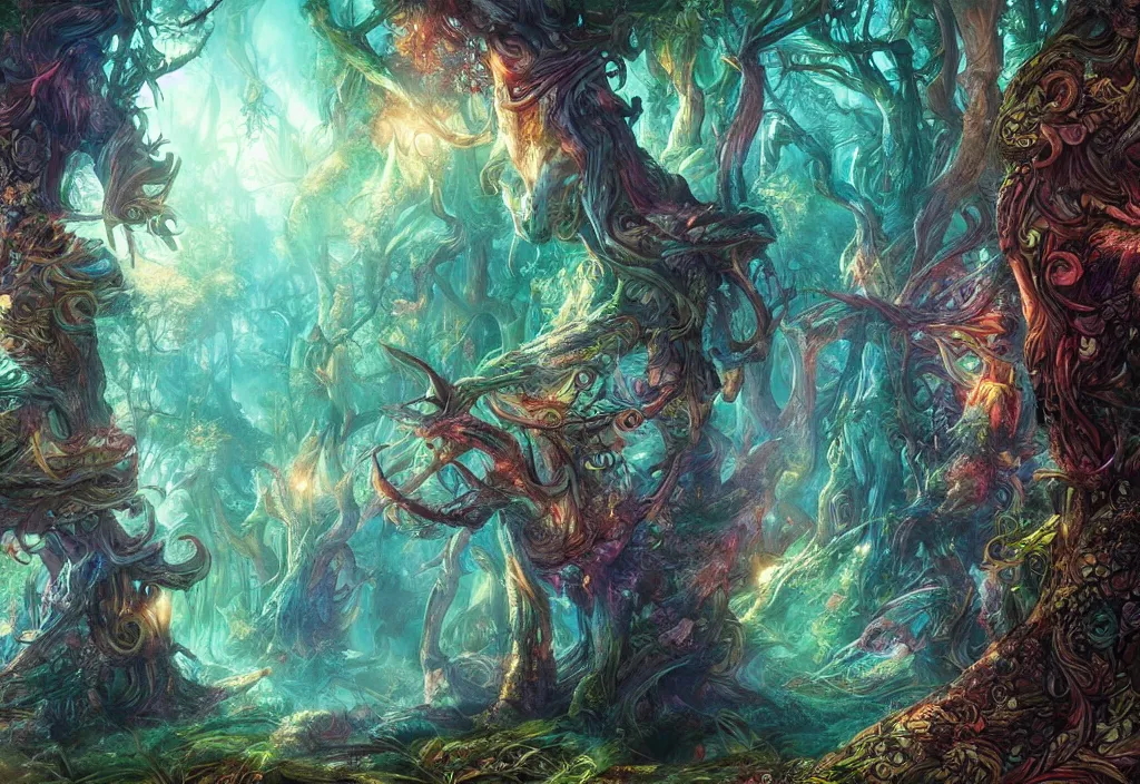 Prompt: mythical fantasy forest, artwork by android jones and loish, smooth lighting, wallpaper