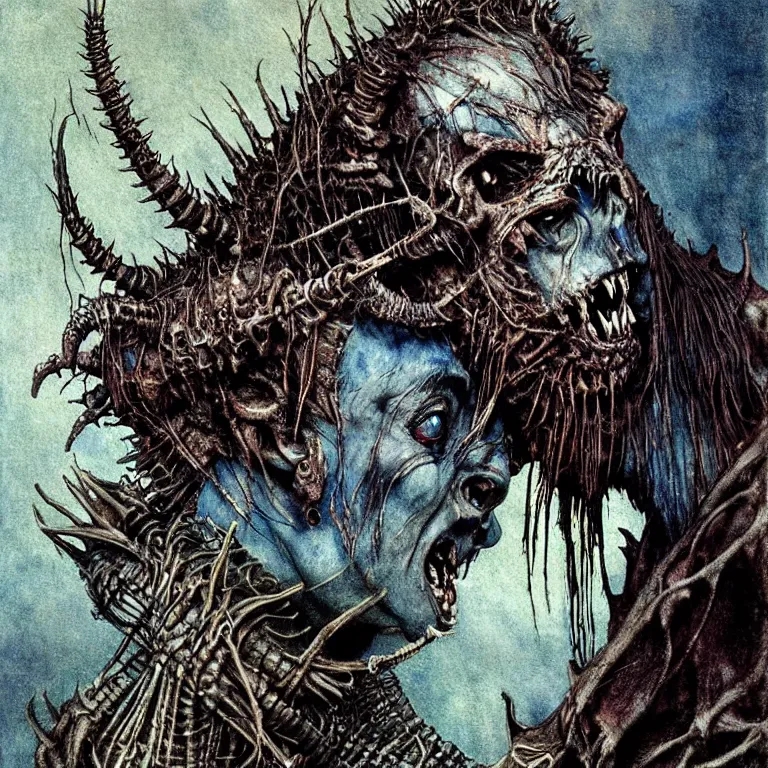 Prompt: a creepy armored horned fanged demon child with blue scarred skin wrapped in barbed wire. extremely high detail, realistic, fantasy art, solo, bones, masterpiece, saturated colors, tangled, ripped flesh, art by arthur rackham, dariusz zawadzki