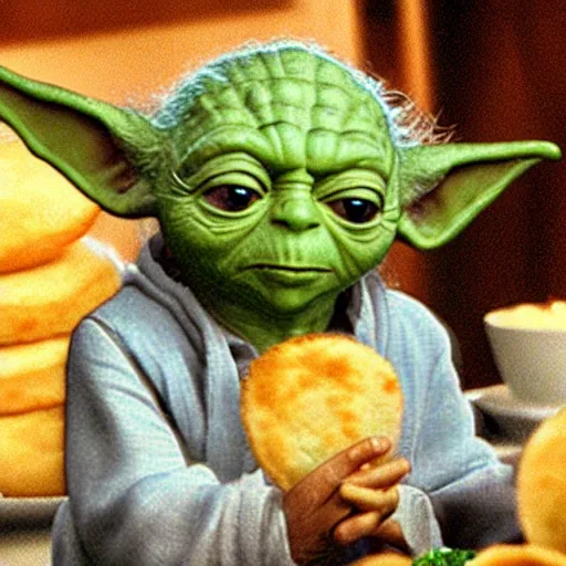 Image similar to A still of Yoda eating arepas, 4k, photograph, ultra realistic, highly detailed, professional lighting