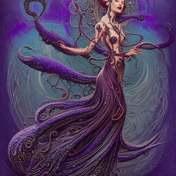 Image similar to depicting a beautiful lovecraftian female priestess, in the style of joe fenton, dynamic energetic pose, exuberant organic elegant forms, by karol bak and filip hodas : : 1. 4 purple, red, blue, green, black intricate mandala explosions : : intuit art : : turbulent energy backdrop : : damask wallpaper : : atmospheric