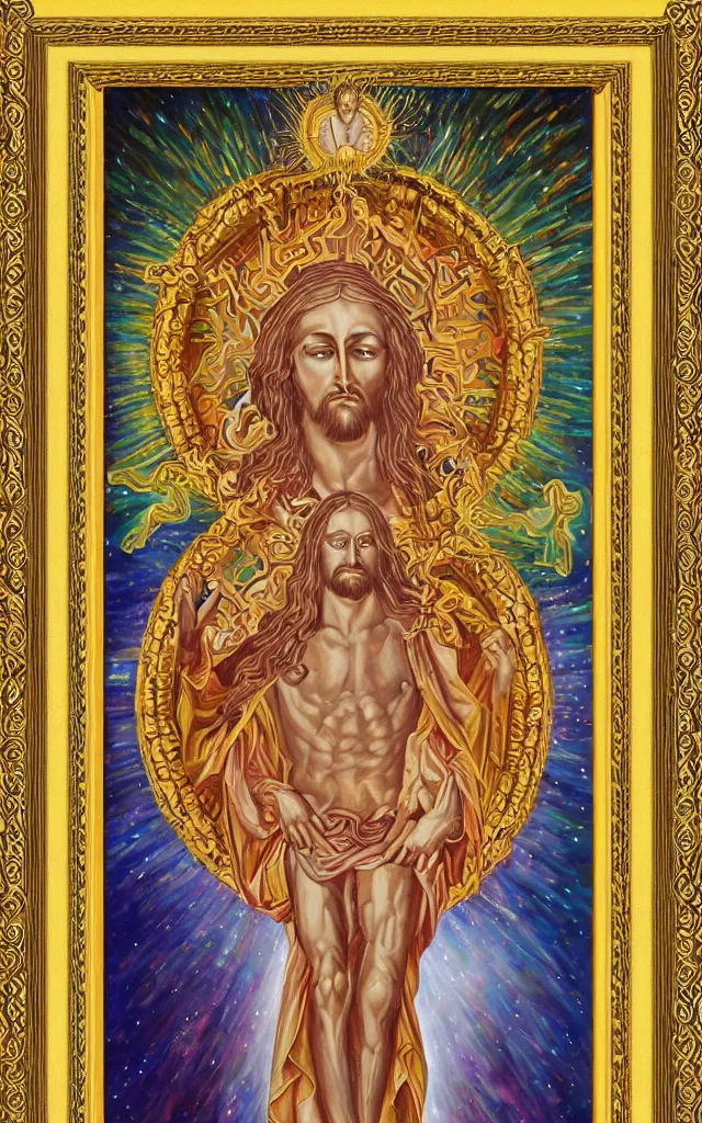 Prompt: Cosmic Christ, large oil painting with ornate carved gold frame, in the style of Alex Grey