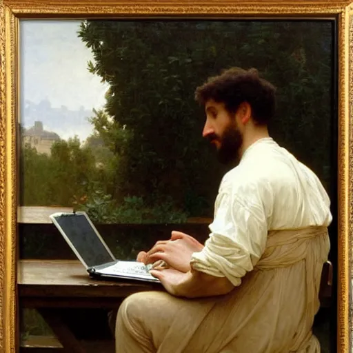 Prompt: an oil painting of an man playing a laptop, view from back, by Bouguereau, highly detailed and intricate, 1500,