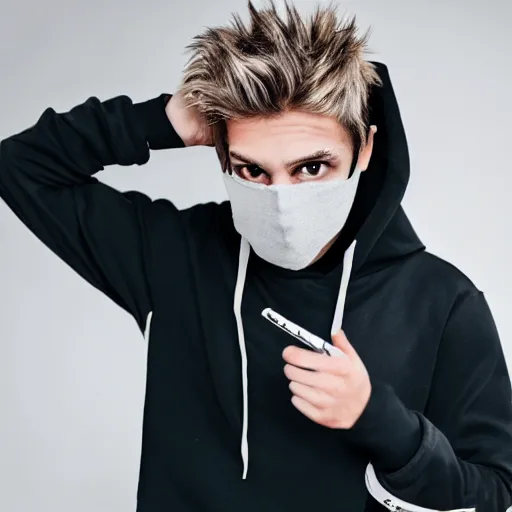 Prompt: professional digital art of a cute guy with blonde fluffy messy hair wearing a black face mask and a gray hoodie, high quality, HD, 8K, highly detailed, award-winning