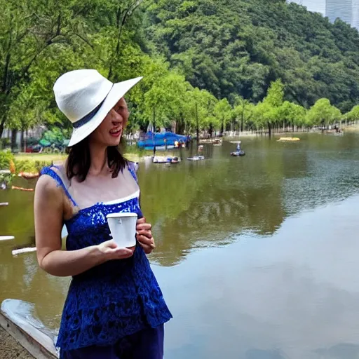 Image similar to a beautiful woman wearing a blue lace top and a white hat, drinking coffee by a river in beijing