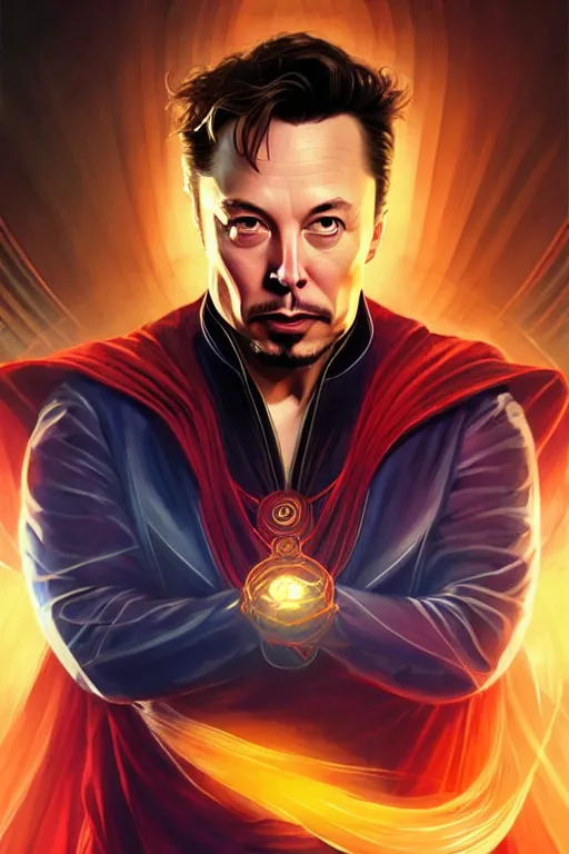 Image similar to elon musk as dr strange, realistic portrait, symmetrical, highly detailed, digital painting, artstation, concept art, smooth, sharp focus, illustration, cinematic lighting, art by artgerm and greg rutkowski and alphonse mucha