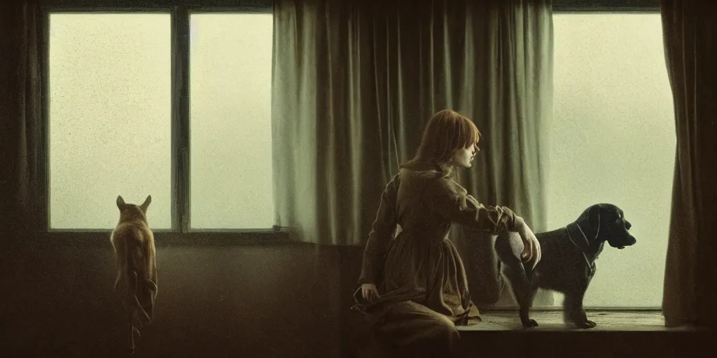 Image similar to portrait bust of emma stone petting a dog, solemn expression, faded color film, russian cinema, tarkovsky, kodachrome, old cabin, next to window, heavy forest outside, long brown hair, old clothing, heavy fog, hudson river school, 4 k, dramatic lighting, greg rutkowski