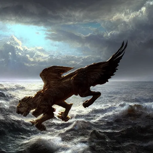 Image similar to A giant winged lion rising up out of a turbulent sea near a rocky shore, by Craig Mullins, very detailed, realistic, epic concept art, light, light Rays, cinematic stormy sky, trending on artstation, epic cinematography, epic composition