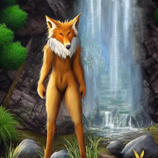 Prompt: fantasy furry art of a noble anthro!!! werefox standing in front of a waterfall, photorealistic, award winning, FurAffinity!!!!