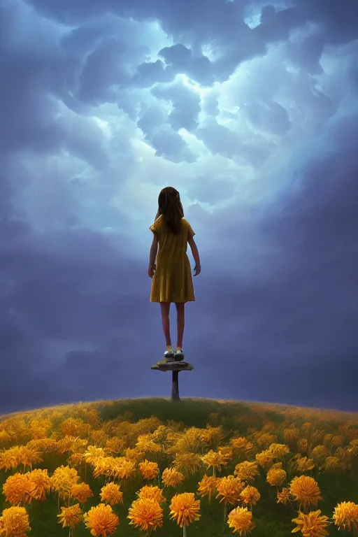 Image similar to closeup giant dahlia flower as the head, girl standing on mountain, surreal photography, blue storm clouds, dramatic light, impressionist painting, digital painting, artstation, simon stalenhag