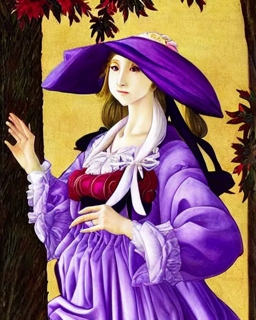 Prompt: touhou character yukari yakumo, purple frilly dress, long blonde hair, bonnet with bow, realistic art, art in the renaissance style of sandro botticelli