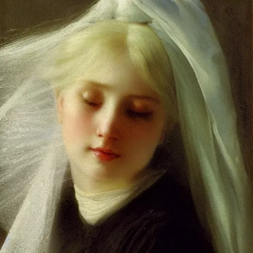 Prompt: a young woman’s face, her hair is white, she wears a long flowing blue satin veil, by ivan aivazovsky and pieter claesz and paul delaroche and alma tadema and august malmstrom and and willen claesz heda and aelbert cuyp and gerard ter borch, detailed, hyperrealistic, volumetric light, rendered in octane, rendered in redshift