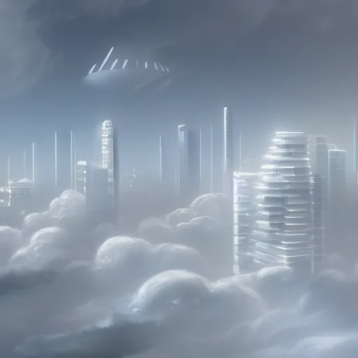 Prompt: A city in the clouds, white, futuristic, High Quality, houses, buildings, clouds, wind by Greg Rutkowsky trending on Artstation