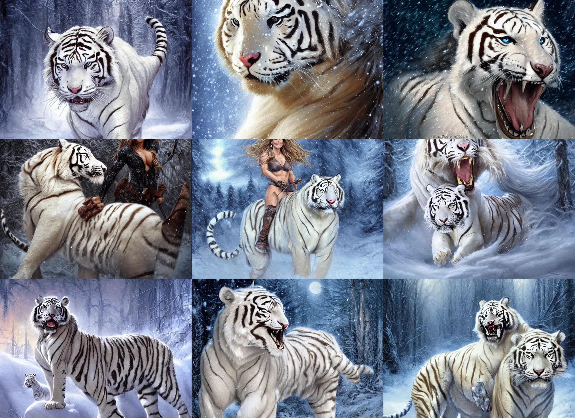 Prompt: face portrait of muscled Denise Richards riding a fierce large white tiger, wintery scene, snow storm, Donato Giancola, Mark Brooks, Ralph Horsley, Charlie Bowater, Artgerm, Christopher Balaskas, Bastien Lecouffe-Deharme