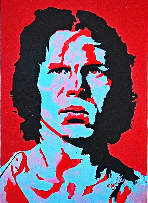 Image similar to Jim Morrison, The Doors, 1970's, Detailed, Mixed Media, Cream paper, black, red, cyan