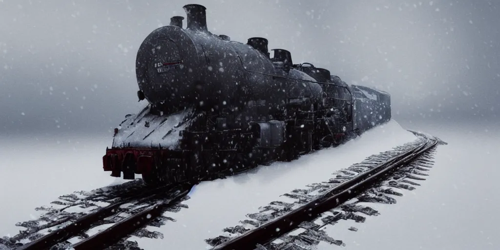 Image similar to ultra realistic illustration, a heavy steam train in the snow under a blizzard, snow landscape, elegant, highly detailed, artstation, concept art, smooth, sharp focus, moody, dramatic lighting