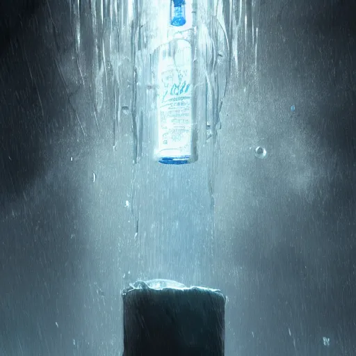 Image similar to a bottle of water falling through the depths of despair, dynamic lighting, photorealistic dark sci - fi concept art, trending on artstation, stunning visuals, creative, cinematic, ultra detailed