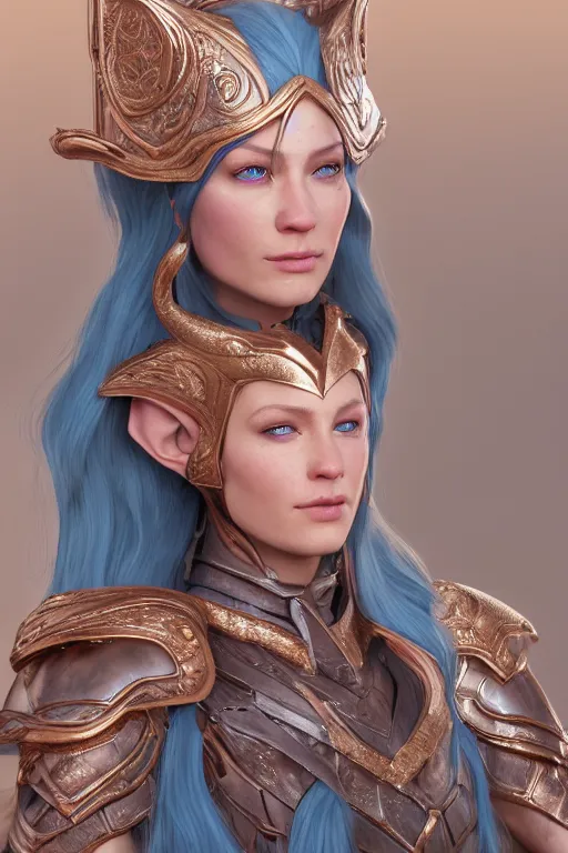 Image similar to a beautiful and highly detailed digital portrait of a dignified female elven paladin with blue hair in rose gold armor by clint cearley, centered, artsation contest winner, artstation hd, cgsociety, fantasy art, cryengine, concept art, photorealism, daz 3 d, sketchfab, zbrush, vray