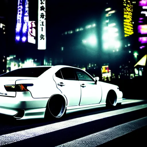 Image similar to a car Lexus VIP at illegal car meet, Shibuya prefecture, midnight mist lights, cinematic color, photorealistic, highly detailed wheels, highly detailed