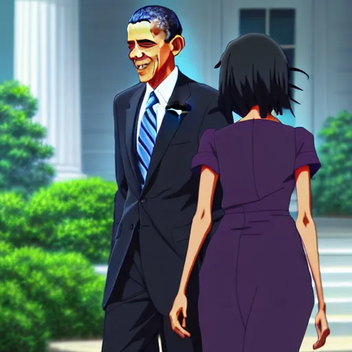 Image similar to beautiful makoto shinkai anime style digital painting portrait of barack obama at the white house walking away from michelle obama, heartbroken, 4 k, 8 k, hd, high resolution, highly detailed, intricate detail, ultra realistic faces, digital art, trending on artstation, your name, weathering with you