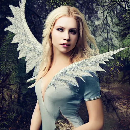 Image similar to very pretty blond female angel with huge dragon wings in a dark forest, perfect symmetrical face, shallow depth of field, moody lighting, single point of light, 8 k, cultural realistic, in the style of martina fackova,