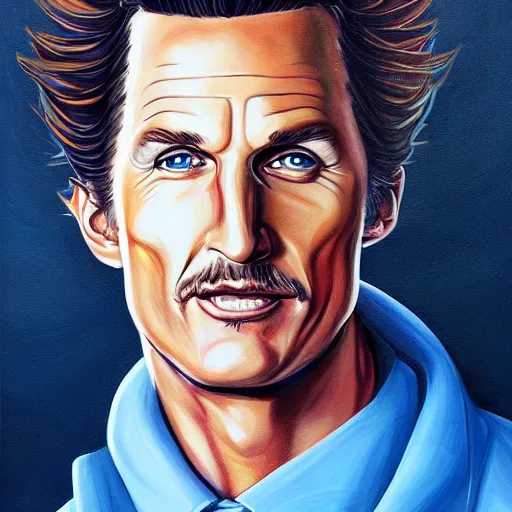 Prompt: detailed painting of Matthew McConaughey as jotaro jojo by Enzo Fernandez, trending on artstation