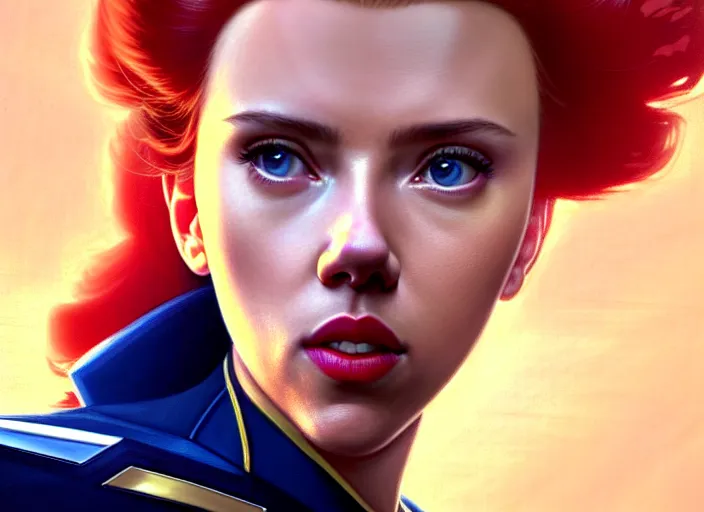 Image similar to a disney film still of scarlett johansson as a star trek officer, finely detailed features, closeup of the face, perfect art, dusk, blue hour, gapmoe yandere grimdark, trending on pixiv fanbox, painted by greg rutkowski, makoto shinkai, takashi takeuchi, alphonse mucha, akihiko yoshida