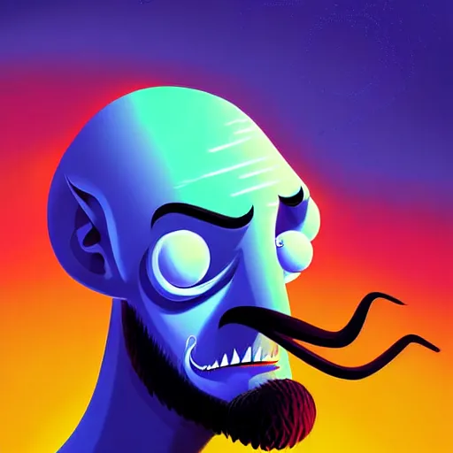 Image similar to curled perspective digital art of curly grey hair bearded man with big nose using a computer by anton fadeev from nightmare before christmas