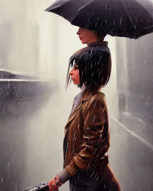 Prompt: A ultradetailed beautiful portrait panting of a stylish girl standing in the rain, she is holding a handgun ,side view, Oil painting, by Ilya Kuvshinov, Greg Rutkowski and Makoto Shinkai
