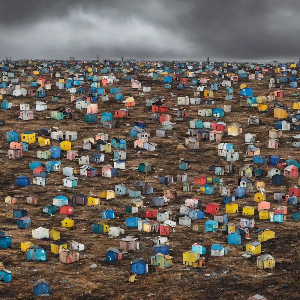 Prompt: towers made up of colourful makeshift squatter shacks, bleached colours, moody cloudy sky, dystopia, mamiya, very detailed, photographed by ansel aams