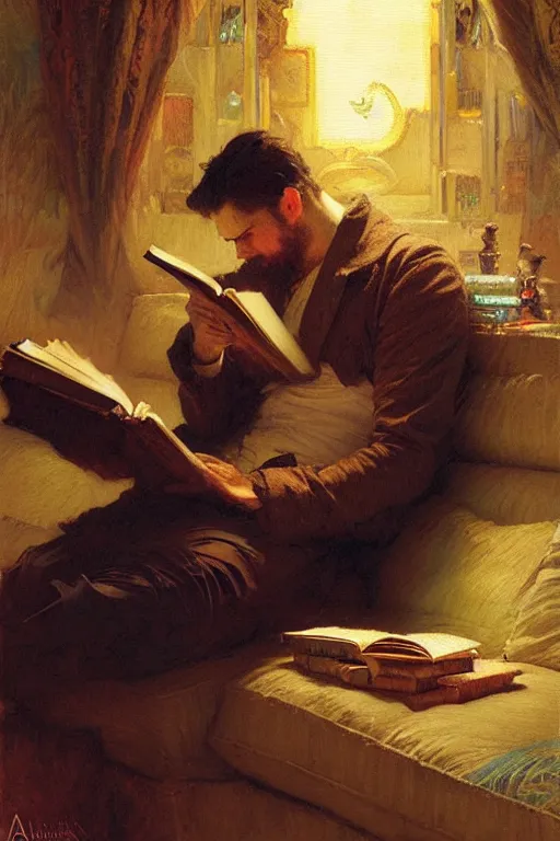 Image similar to attractive man reading books at night, painting by gaston bussiere, craig mullins, greg rutkowski, alphonse mucha