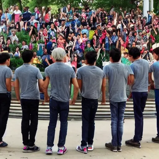 Image similar to beautiful boys, human chain join from the back and front