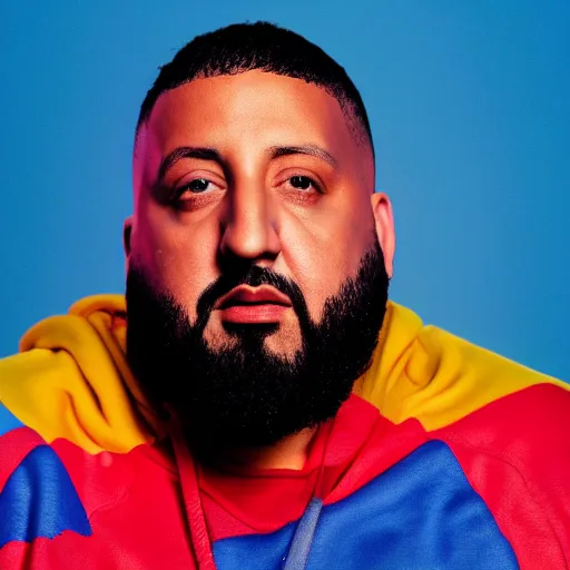 Image similar to ultra detailed portrait photo of dj khaled in a studio, blue, under red and yellow cinematic lighting