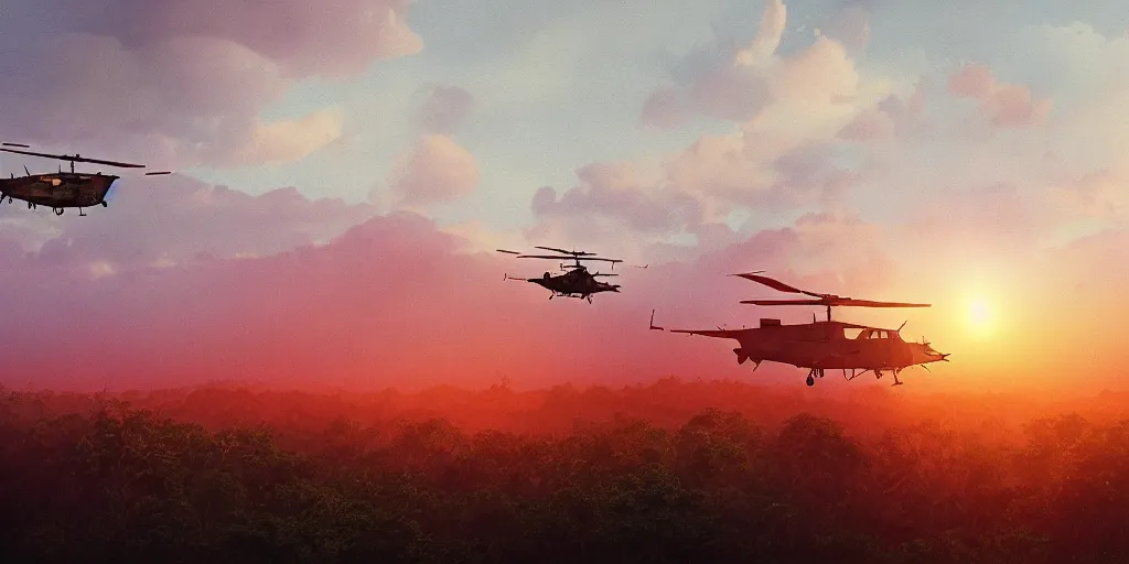 Prompt: Painting of vietnam Huey Helicopters, above a forest, orange sun set, abstract, realism, 8k, detailed, octane render, glow, war