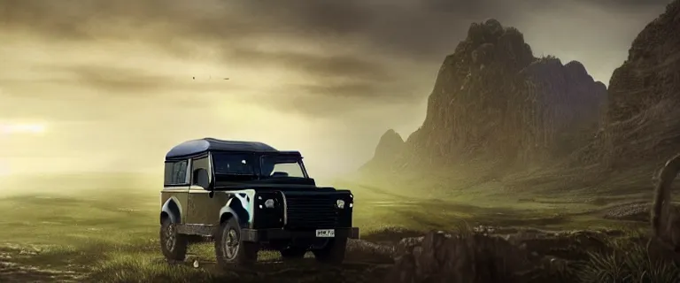 Image similar to Land Rover Defender 110 (1985), an epic fantasy, dramatic lighting, cinematic, establishing shot, extremely high detail, photorealistic, cinematic lighting, artstation, by simon stalenhag, The Elder Scrolls III: Morrowind, the Nerevarine drives across Morrowind, strange flora, Betty Netch floating around