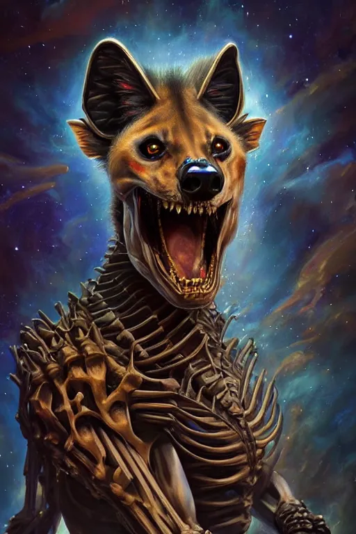 Image similar to beautiful oil painting with high detail and of a Hyena-Skeleton-Plasma-Galaxy God hybrid from dungeons and dragons and art direction by James Cameron ;by artgerm; wayne reynolds art station; cinematic quality character render; low angle; ultra high quality model; production quality cinema model;