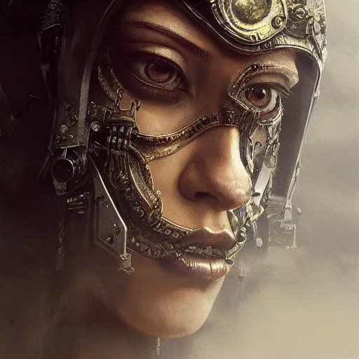 Image similar to Very very very very highly detailed epic photo of face with venetian mask, intricate, dystopian, sci-fi, extremely detailed, digital painting, artstation, concept art, smooth, sharp focus, illustration, intimidating lighting, incredible art by Greg Rutkowski and Jakub Rozalski and Artgerm and Anton Pieck