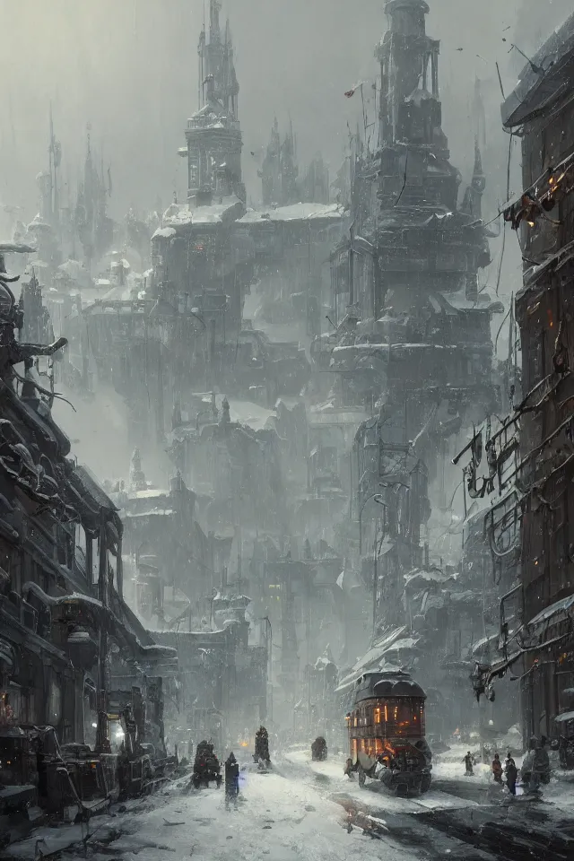 Image similar to highly detailed painting of dieselpunk stockholm, winter, snow, dystopia, by greg rutkowski, by raphael lacoste, 4 k resolution, trending on artstation